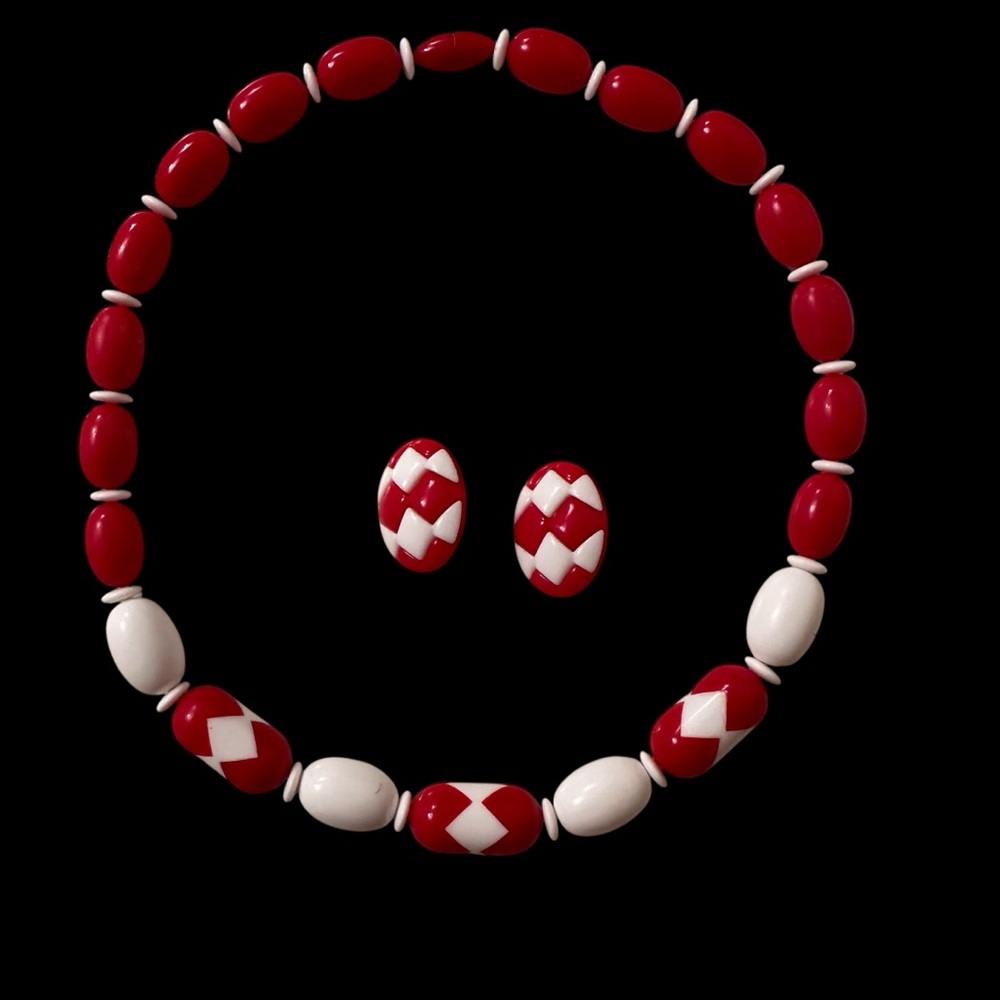 Vintage Red and White Beaded Necklace and Earring Set